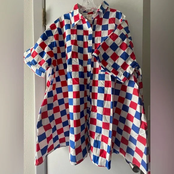 EUC FANTASTIC FAWN RED/WHITE/BLUE CHECKERED ALINE 33” LONG DRESS - LADIES SIZE L - Picture 2 of 5